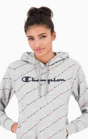 Champion All-Over Script Logo Hoodie Hættetrøje Dame Lysegrå | 5034-JRHYS