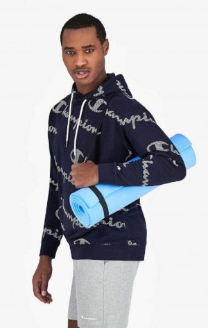 Champion All-Over Stribet Effect Script Logo Print Hoodie Hættetrøje Herre Mørkeblå | 8216-VCXWD