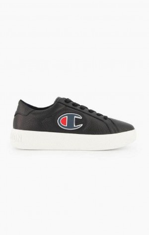 Champion C Logo Textured Læder Platform Trainers Sportssko Dame Sort | 8725-HTGRF