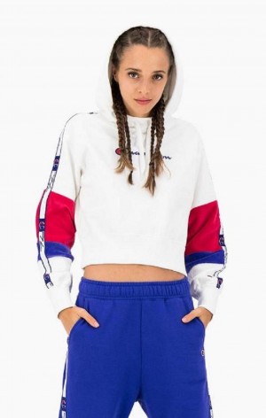 Champion Colour Block Jacquard Logo Tape Fleece Hoodie Hættetrøje Dame Hvide | 6139-XHTDJ