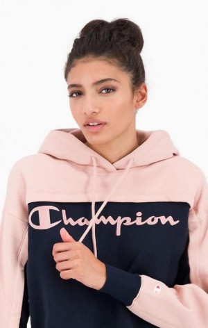 Champion Colour Block Logo Layer Fleece Hoodie Hættetrøje Dame Sort | 0389-POTYI