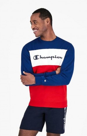 Champion Colour Block Script Logo Sweatshirt Sweatshirts Herre Blå | 8953-IBUSK