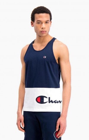 Champion Colour Block Wraparound Logo Tank Top T Shirts Herre Mørkeblå | 2831-FBGMZ