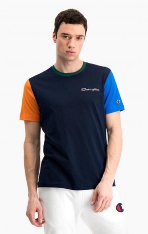 Champion Contrast Colour Block Sleeve T-Shirt T Shirts Herre Mørkeblå | 4257-NPWIG