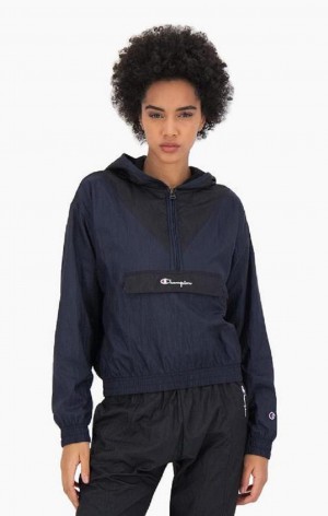 Champion Contrast Panel Half Zip-Up Hoodie Hættetrøje Dame Mørkeblå | 0452-AIRZY