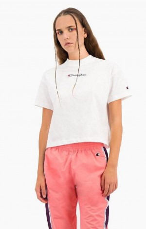 Champion Cropped Script Logo T-Shirt T Shirts Dame Hvide | 9152-PVTDL