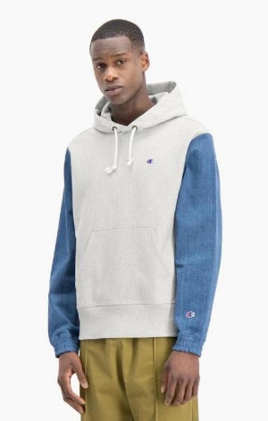 Champion Denim Sleeve Reverse Weave Hoodie Hættetrøje Herre Lysegrå | 7365-SQHET