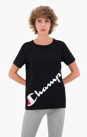 Champion Diagonal Script Logo Print T-Shirt T Shirts Dame Sort | 9572-VDRFO