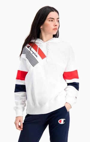 Champion Grafisk Stripe And Colour Block Hoodie Hættetrøje Dame Hvide | 0294-YKTPX