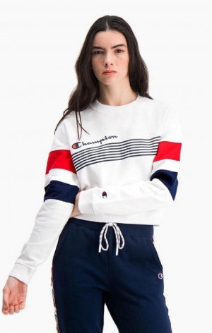 Champion Grafisk Stripe And Colour Block Cropped Sweatshirt Sweatshirts Dame Hvide | 9742-KMWPA