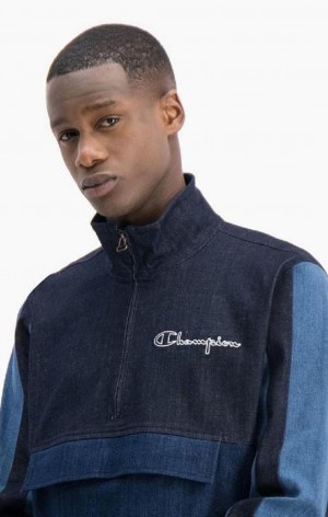 Champion Half Zip-Up Denim Patchwork Sweatshirt Sweatshirts Herre Turkis Blå | 7641-DUXKB