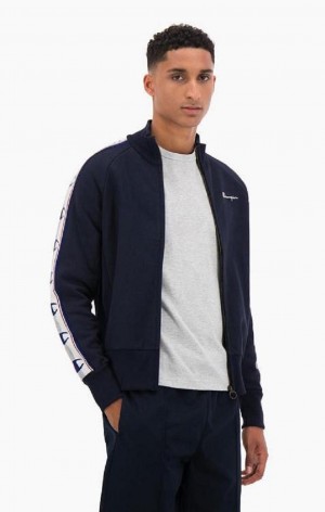 Champion Jacquard Logo Tape Zip-Up Jacket Jakker Herre Mørkeblå | 5270-CQKIS