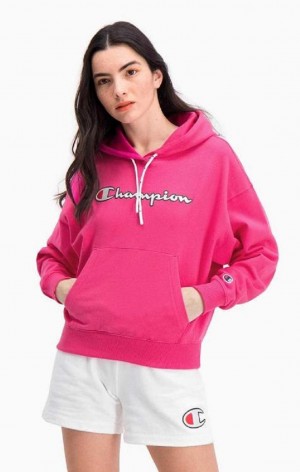 Champion Logo Bomulds Terry Hoodie Hættetrøje Dame Mørkelyserød | 7209-DVECF