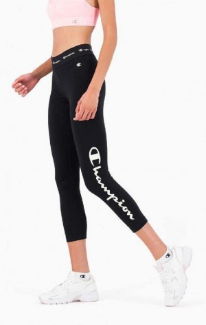 Champion Logo Tape Stretch Crop Leggings Joggingbukser Dame Sort | 5603-TCVNO