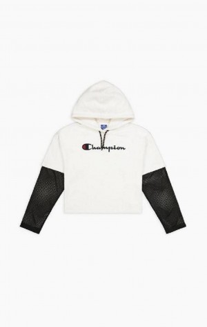 Champion Mesh Double Layer Kort Sleeve Hoodie Hættetrøje Dame Hvide | 2901-QSWTJ