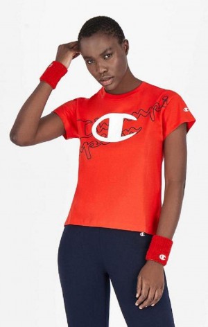 Champion Multi Logo Cropped T-Shirt T Shirts Dame Rød | 4972-BAHKP