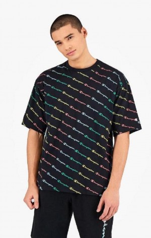 Champion Pastel All-Over Script Logo Print T-Shirt T Shirts Herre Sort | 6290-KJUZN