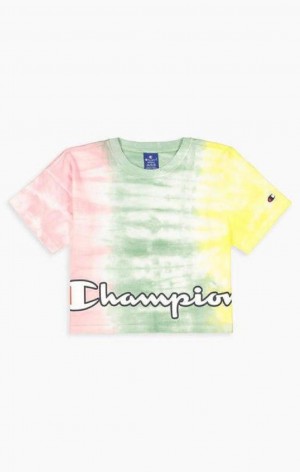 Champion Pastel Tie Dye Cropped Script Logo T-Shirt T Shirts Dame Lyserød Grøn | 7918-KJMFA