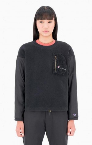 Champion Patchwork Velour + Fleece Sweatshirt Sweatshirts Dame Sort | 5014-PBNXR