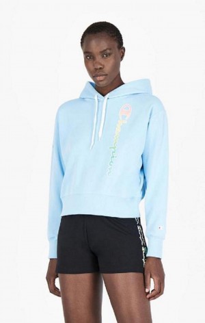 Champion Rainbow Script Logo Hoodie Hættetrøje Dame Lyseblå | 2148-TMHIE