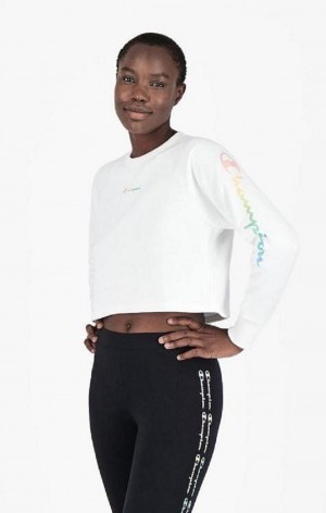 Champion Rainbow Script Logo Print Cropped Sweatshirt Sweatshirts Dame Hvide | 9357-HNEMK