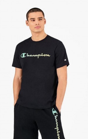 Champion Rainbow Script Logo T-Shirt T Shirts Herre Sort | 3921-IQZXK