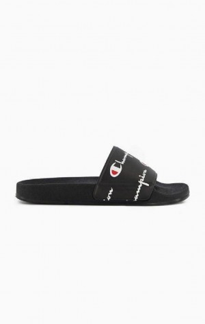 Champion Repeat Script Logo Print Pool Slides Badesandaler Dame Sort | 2435-JRBDZ