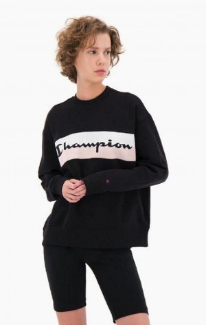 Champion Rib Insert Script Logo Bomulds Terry Sweatshirt Sweatshirts Dame Sort | 8679-AGMKL