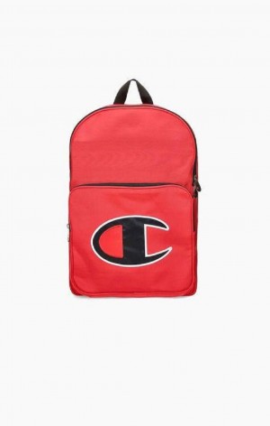 Champion Satin C Logo Patch Zipped Backpack Tasker Herre Rød | 7051-HRFTB