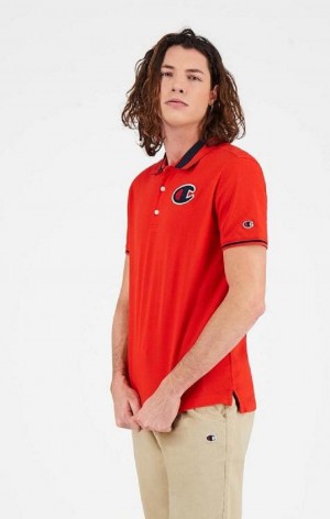 Champion Satin C Logo Polo Shirt T Shirts Herre Rød | 9503-WDUNY