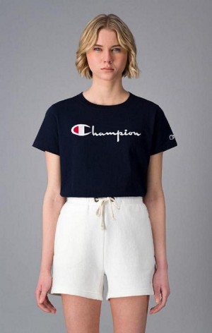 Champion Script Logo Crew Neck T-Shirt T Shirts Dame Mørkeblå | 2180-ZQJTK