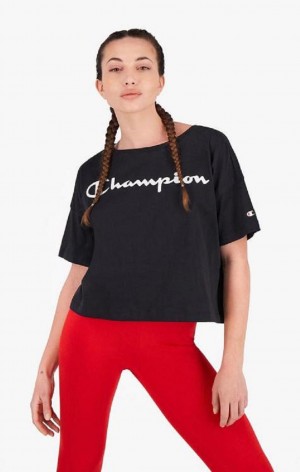 Champion Script Logo Cropped T-Shirt T Shirts Dame Sort | 3910-EMZHA