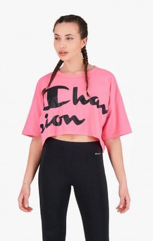 Champion Script Logo Cropped T-Shirt T Shirts Dame Fuchsia | 8432-YRTGU