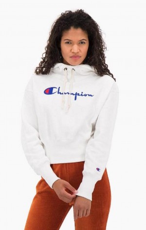 Champion Script Logo High Rib Reverse Weave Hoodie Hættetrøje Dame Hvide | 5083-QLSZT