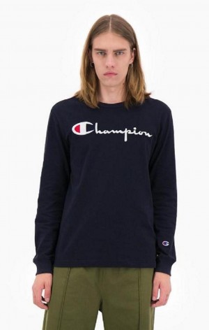 Champion Script Logo Jersey Sweatshirt Sweatshirts Herre Mørkeblå | 3269-ZPCUG