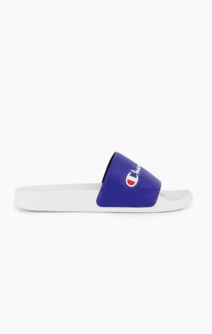 Champion Script Logo Pool Slides Badesandaler Herre Hvide Blå | 6092-VNYCP