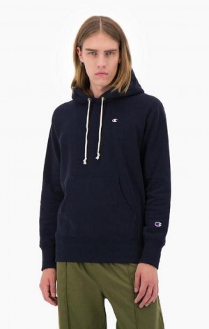 Champion Script Logo Reverse Weave Hoodie Hættetrøje Herre Mørkeblå | 0947-YPDBN