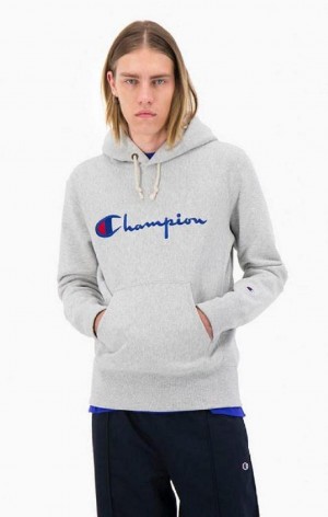 Champion Script Logo Reverse Weave Hoodie Hættetrøje Herre Lysegrå | 5287-YJZKI