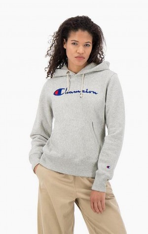 Champion Script Logo Reverse Weave Hoodie Hættetrøje Dame Mørkegrå | 7901-TMXRN