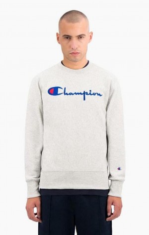 Champion Script Logo Reverse Weave Sweatshirt Sweatshirts Herre Grå | 0942-TYHUV