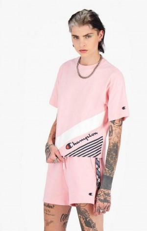 Champion Stripe Detail Script Logo T-Shirt T Shirts Dame Lyserød | 7631-GYEOF