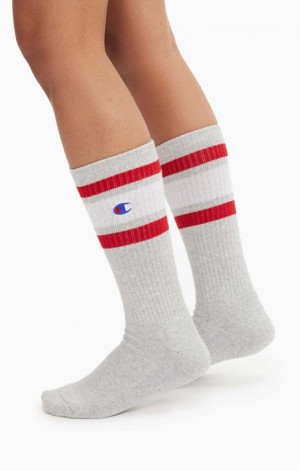 Champion Stripe Ribbet Crew Socks Sokker Herre Lysegrå | 3104-DOHZK