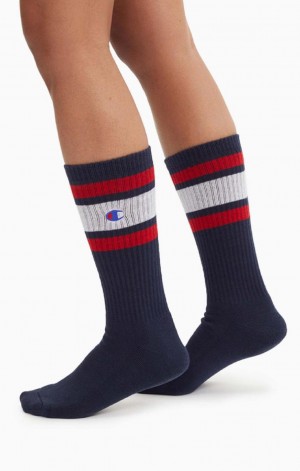 Champion Stripe Ribbet Crew Socks Sokker Dame Mørkeblå | 9274-URXPJ