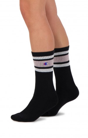 Champion Stripe Ribbet Crew Socks Sokker Dame Sort Lyserød | 2765-IYXKV