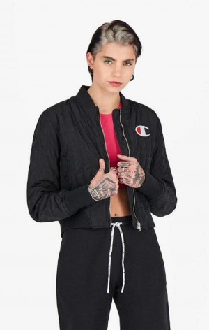 Champion Textured Cropped Bomber Jacket Jakker Dame Sort | 5418-WYPQV