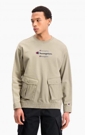 Champion Triple Script Logo Cargo Pocket Sweatshirt Sweatshirts Herre Beige | 1539-PLXKF