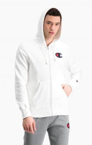 Champion Zip-Up Satin C Logo Hoodie Hættetrøje Herre Hvide | 8619-XUCHR