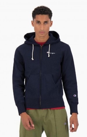 Champion Zip-Up Script Logo Hoodie Hættetrøje Herre Sort | 2543-QOFDZ