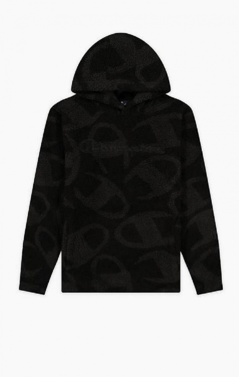 Champion All-Over Logo Print Teddy Hoodie Hættetrøje Herre Sort | 0617-GYFSB