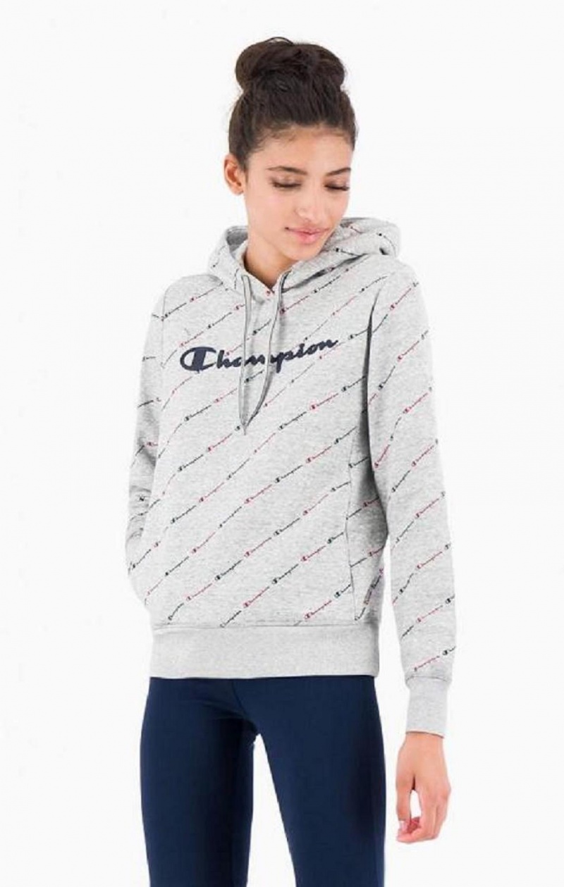 Champion All-Over Script Logo Hoodie Hættetrøje Dame Lysegrå | 5034-JRHYS